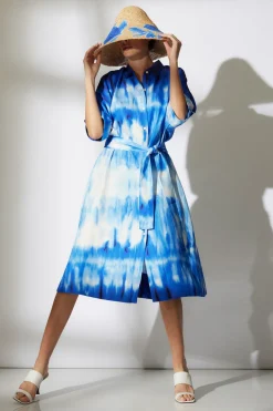 Santorini Printed Cotton Silk Belted Shirtdress
