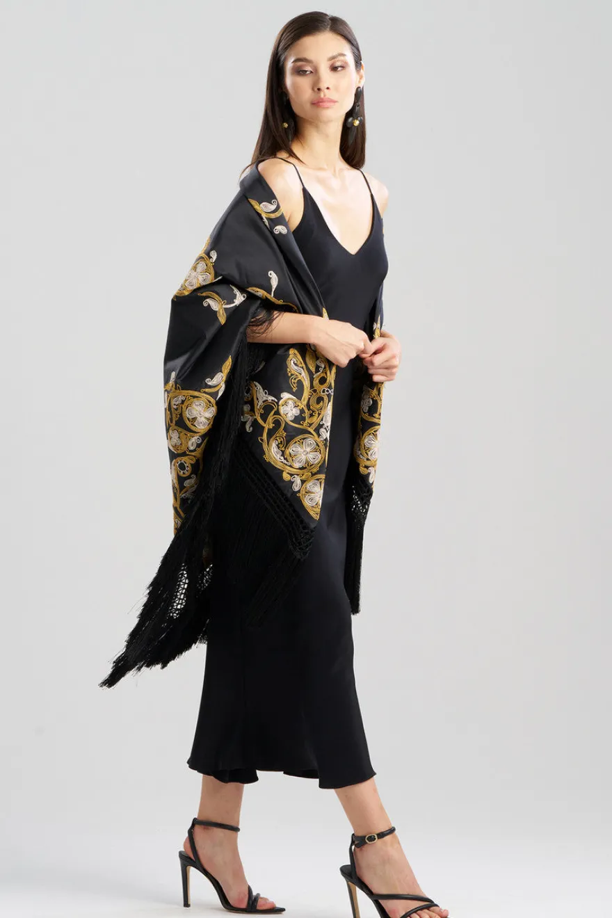 Silk Dupioni Embroidered Silk Fringe Shawl