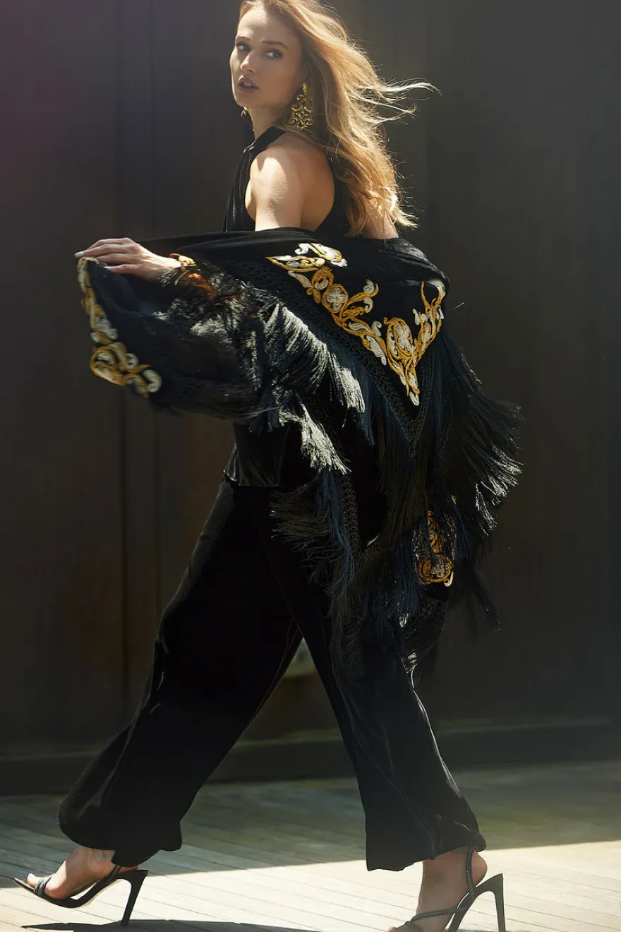 Silk Dupioni Embroidered Silk Fringe Shawl
