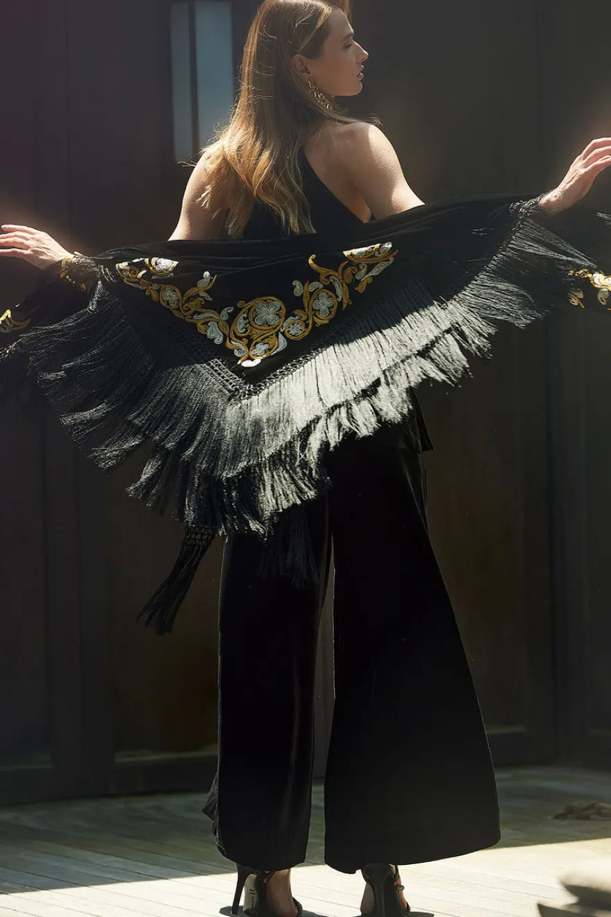 Silk Dupioni Embroidered Silk Fringe Shawl