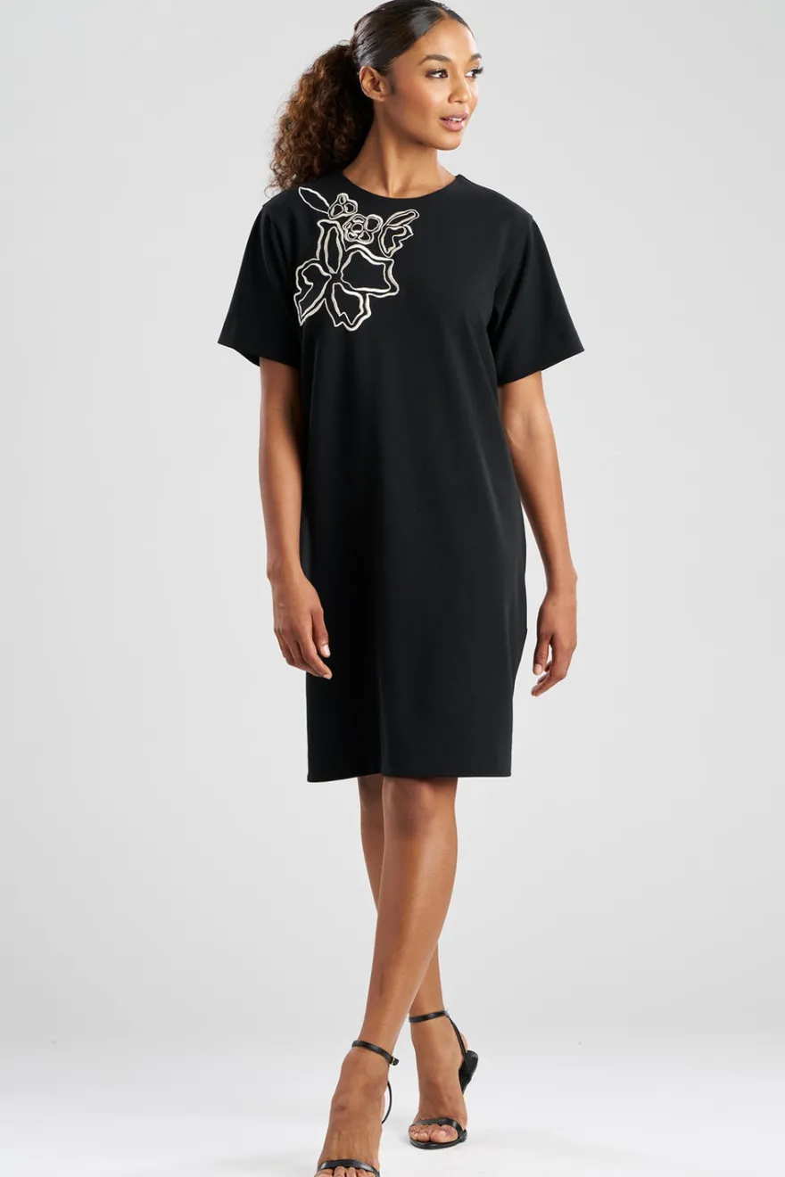 Solid Knit Crepe Embellished Short Sleeve Shift Dress