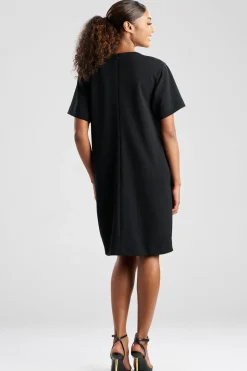 Solid Knit Crepe Embellished Short Sleeve Shift Dress