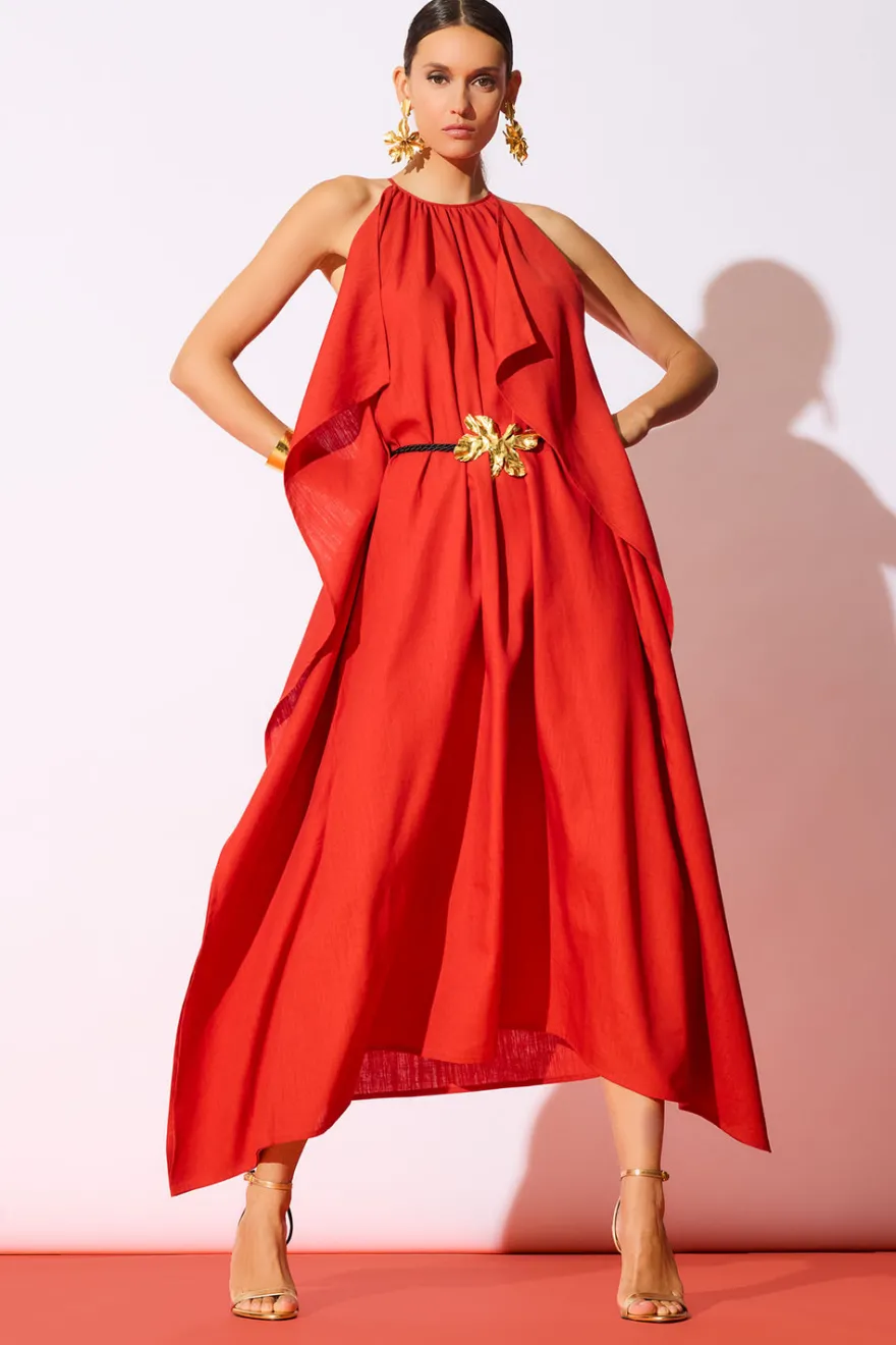 Solid Linen Belted Maxi Dress