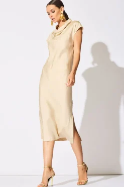 Solid Silk Twill Cowl Neck Sheath Dress