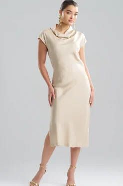 Solid Silk Twill Cowl Neck Sheath Dress