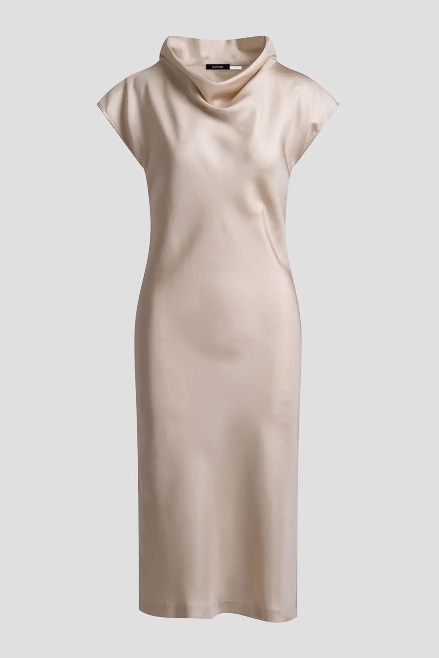 Solid Silk Twill Cowl Neck Sheath Dress