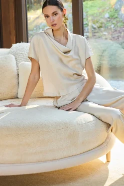 Solid Silk Twill Cowl Neck Top