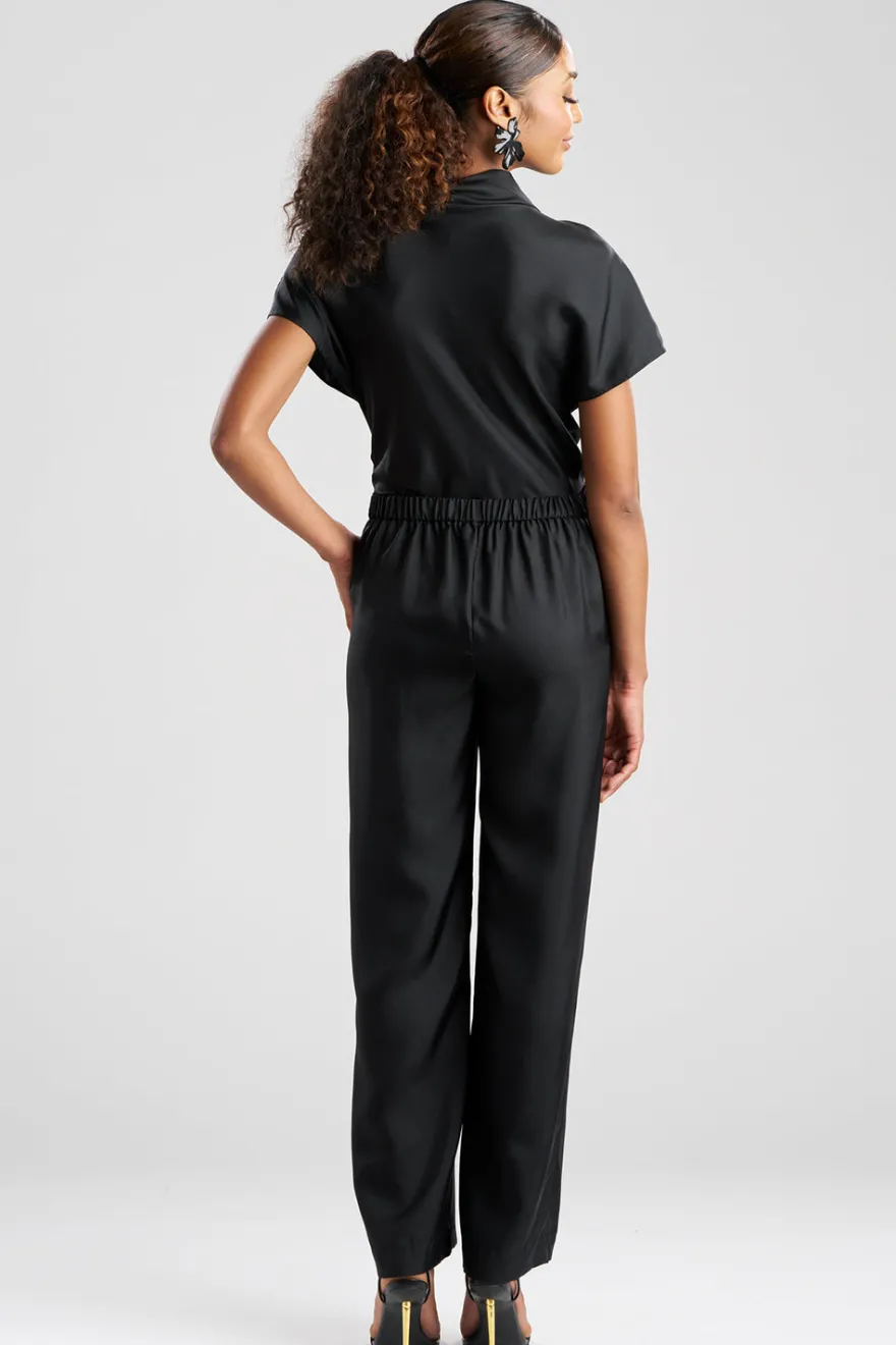 Solid Silk Twill Pull On Straight Leg Pants