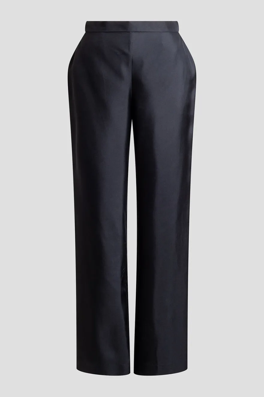 Solid Silk Twill Pull On Straight Leg Pants