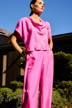 Solid Silk Twill Pull On Straight Leg Pants