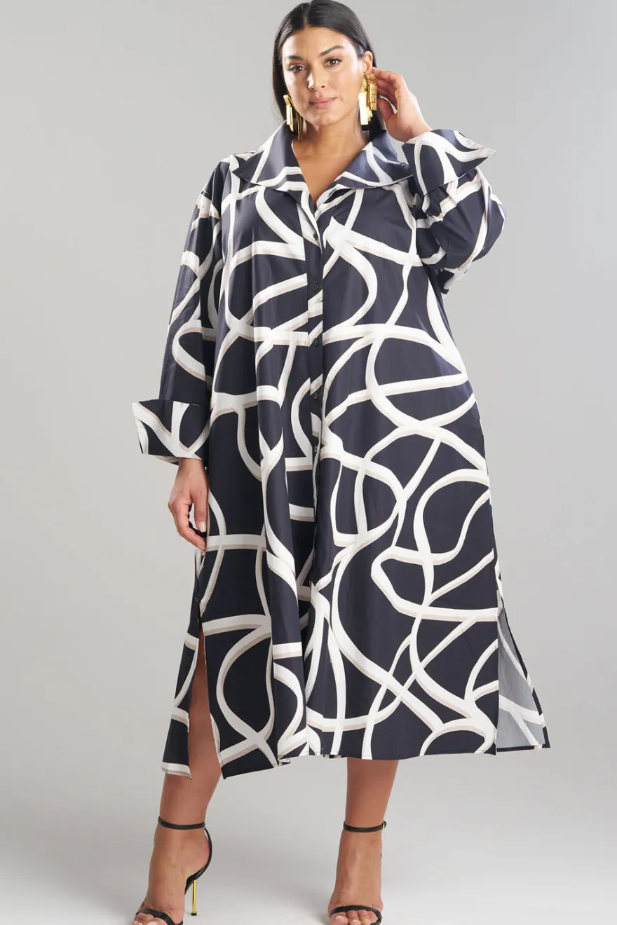 Spiral Cotton Taffeta Oversized Button Down Shirtdress