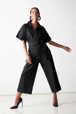 Stretch Cotton Blend Crop Jumpsuit