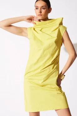 Tech Cotton Taffeta Asymmetric Funnel Neck Dress