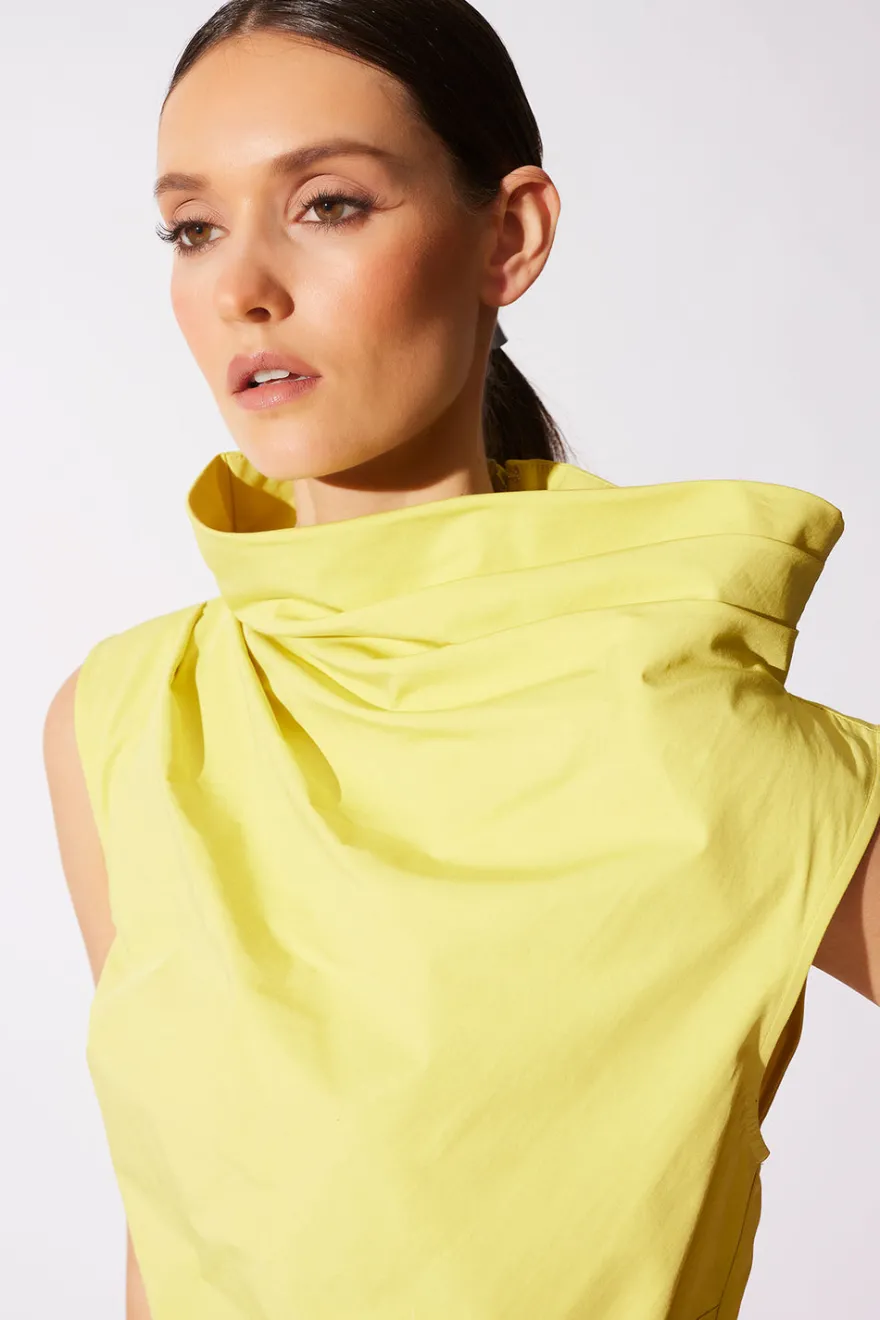 Tech Cotton Taffeta Asymmetric Funnel Neck Dress