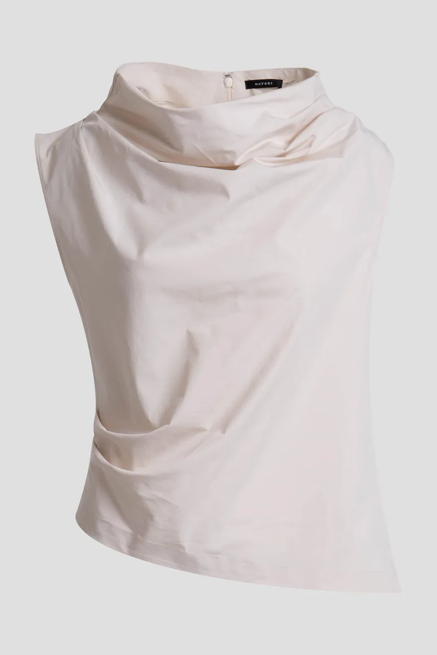 Tech Cotton Taffeta Asymmetric Funnel Neck Top