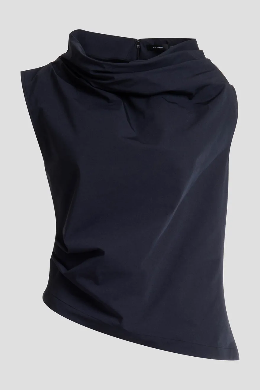 Tech Cotton Taffeta Asymmetric Funnel Neck Top
