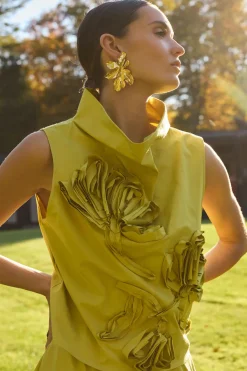 Tech Cotton Taffeta Embroidered Funnel Neck Top