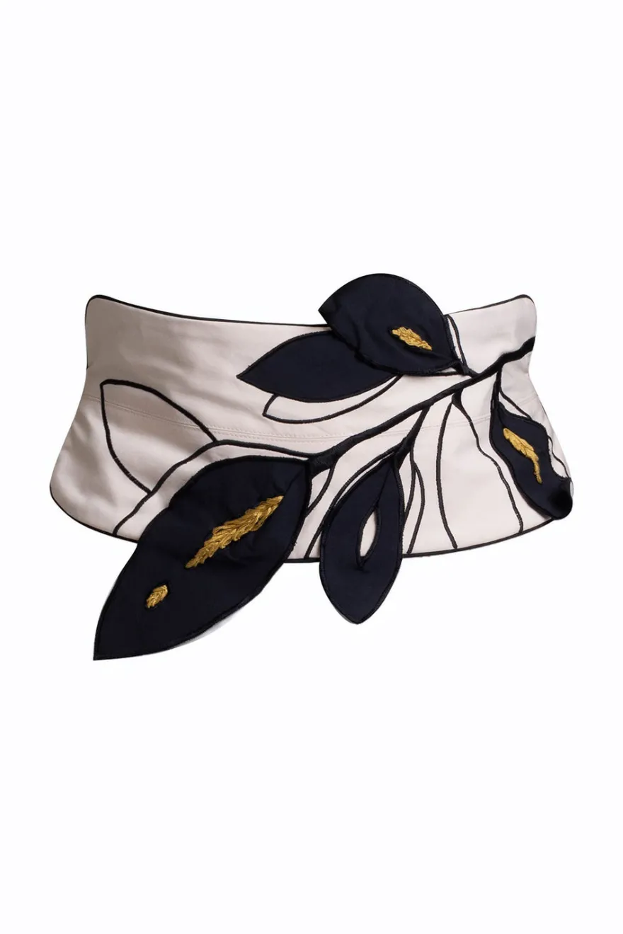 Tech Cotton Taffeta Embroidered Leaf Obi Belt