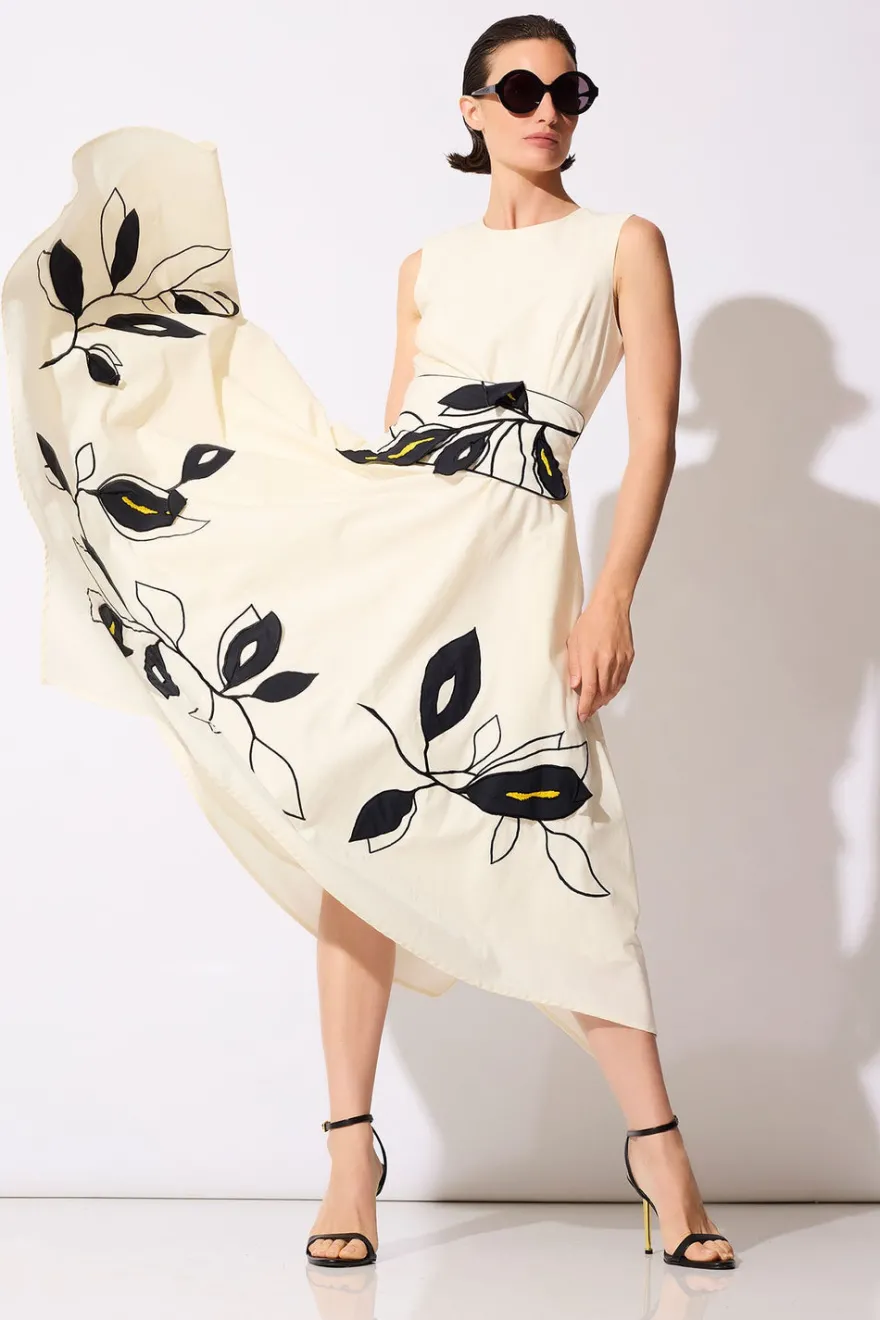 Tech Cotton Taffeta Embroidered Leaf Obi Belt