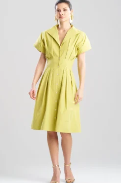 Tech Cotton Taffeta Pleat Release Button Down Shirtdress