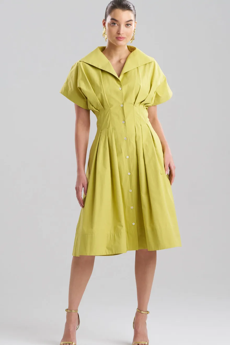 Tech Cotton Taffeta Pleat Release Button Down Shirtdress