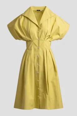 Tech Cotton Taffeta Pleat Release Button Down Shirtdress