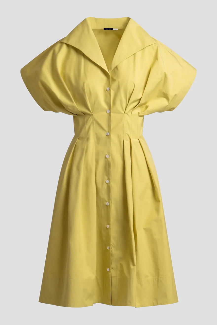 Tech Cotton Taffeta Pleat Release Button Down Shirtdress