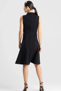 Techno Crepe Fit & Flare Funnel Neck Dress