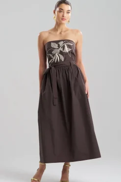 Techno Poplin Embroidered Strapless Belted Dress
