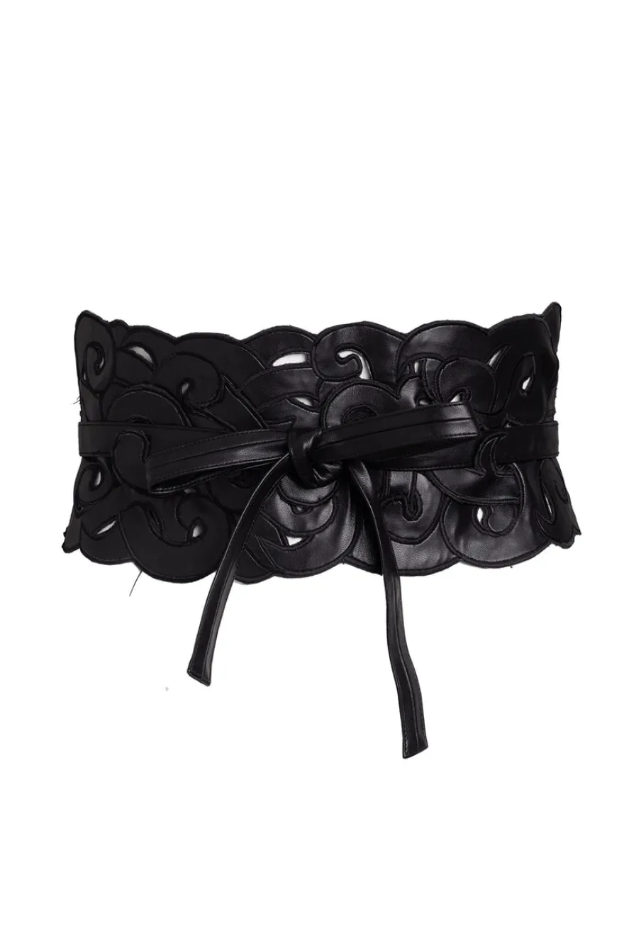 Vegan Luxe Lambskin Embroidered Scroll Obi Belt