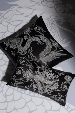 Vegan Luxe Leather Mandarin Embroidered Dragon Oblong Pillow