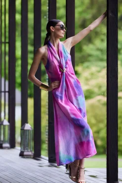 Watercolor Sheer Texture Halter Maxi Dress