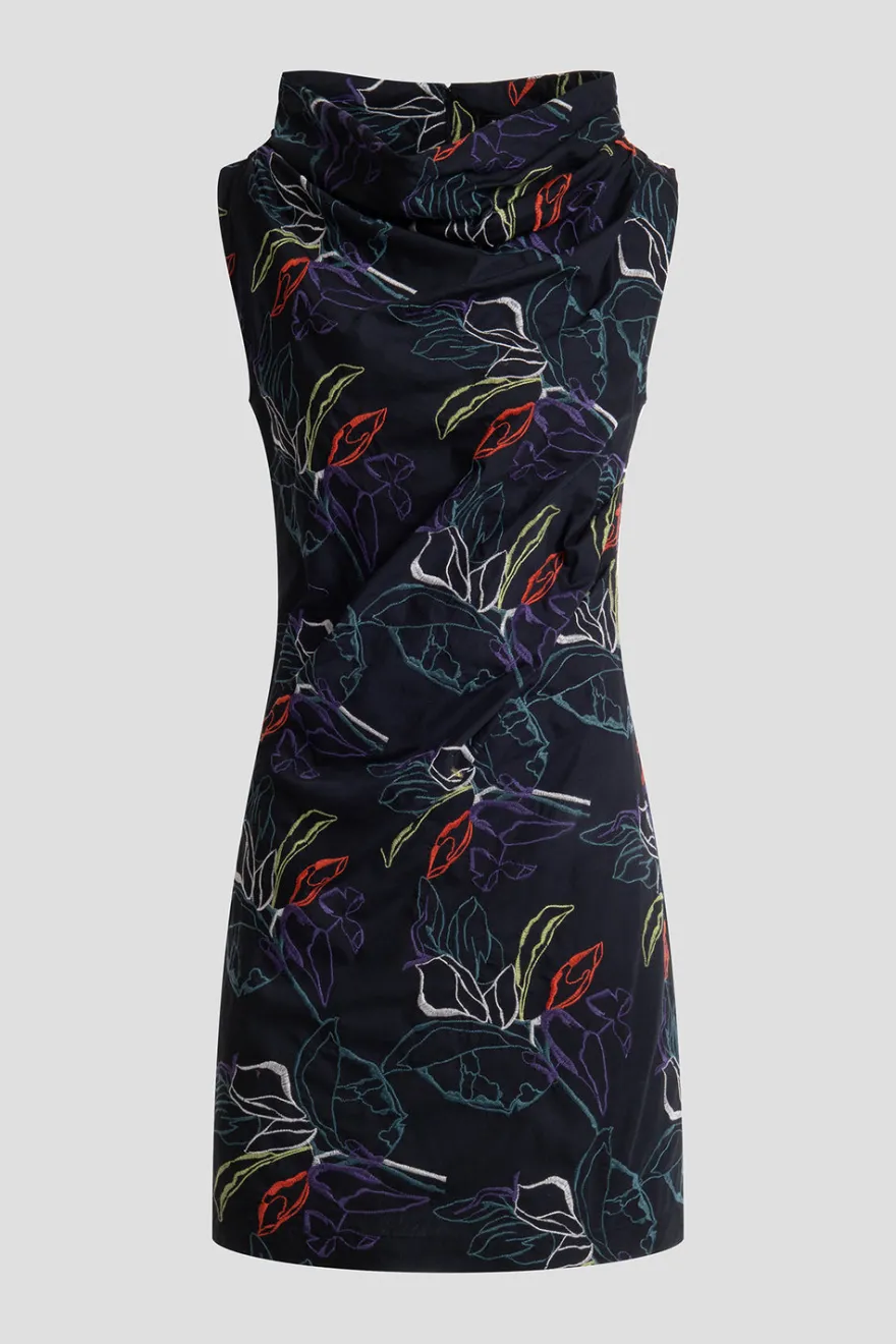 Yoru Embroidered Cotton Poplin Asymmetric Funnel Neck Dress